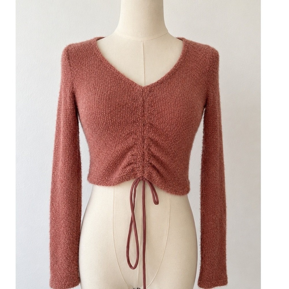 Altar'd State Fuzzy Knit Crop Top Ruched Tie Sweater Dusty Rose Pink Romantic